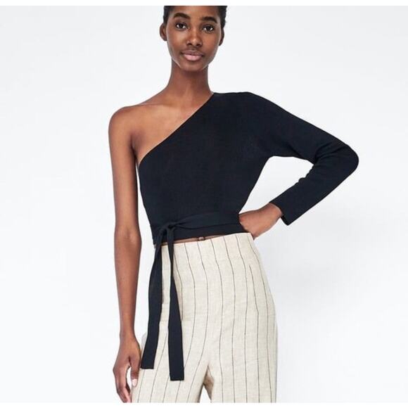 Zara Black Ribbed Knit One Sleeve Crop Top Medium Tie Side Balletcore - Picture 1 of 10
